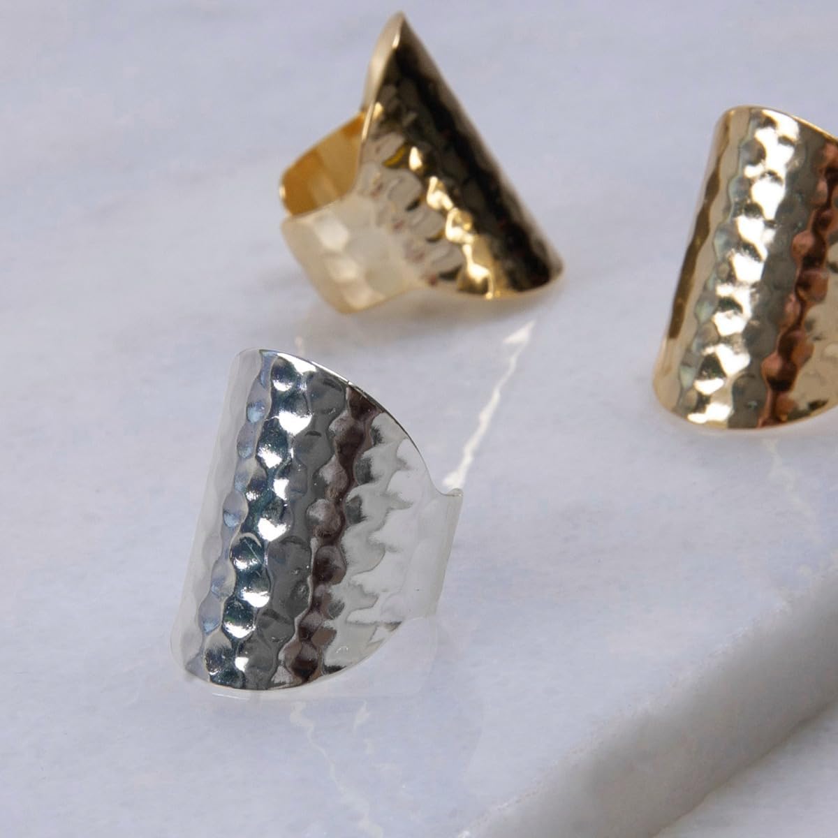 18K Gold or 925 Sterling Silver Plated Adjustable Hammered Ring for Women - Hypoallergenic Chunky Wide Band Rings for Women, Made in the USA