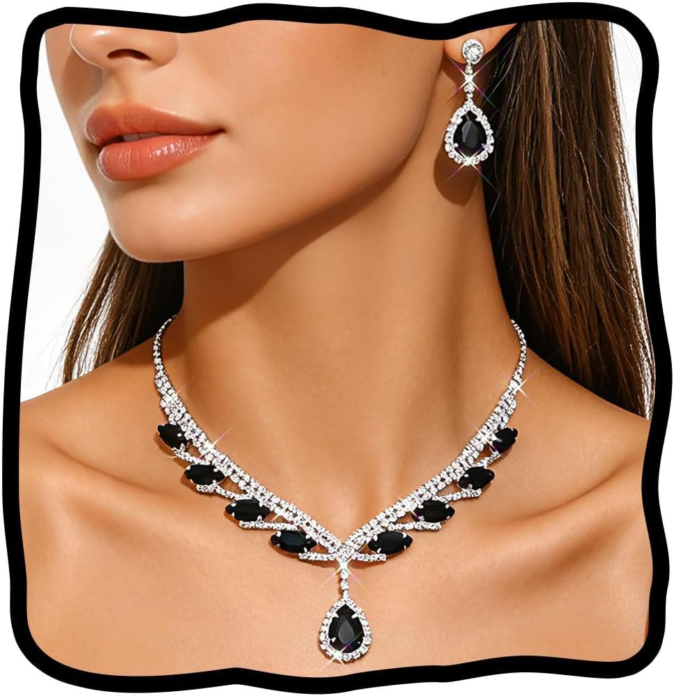 JEAIRTS Rhinestone Necklace Earrings Set Black Crystal Prom Jewelry Sets