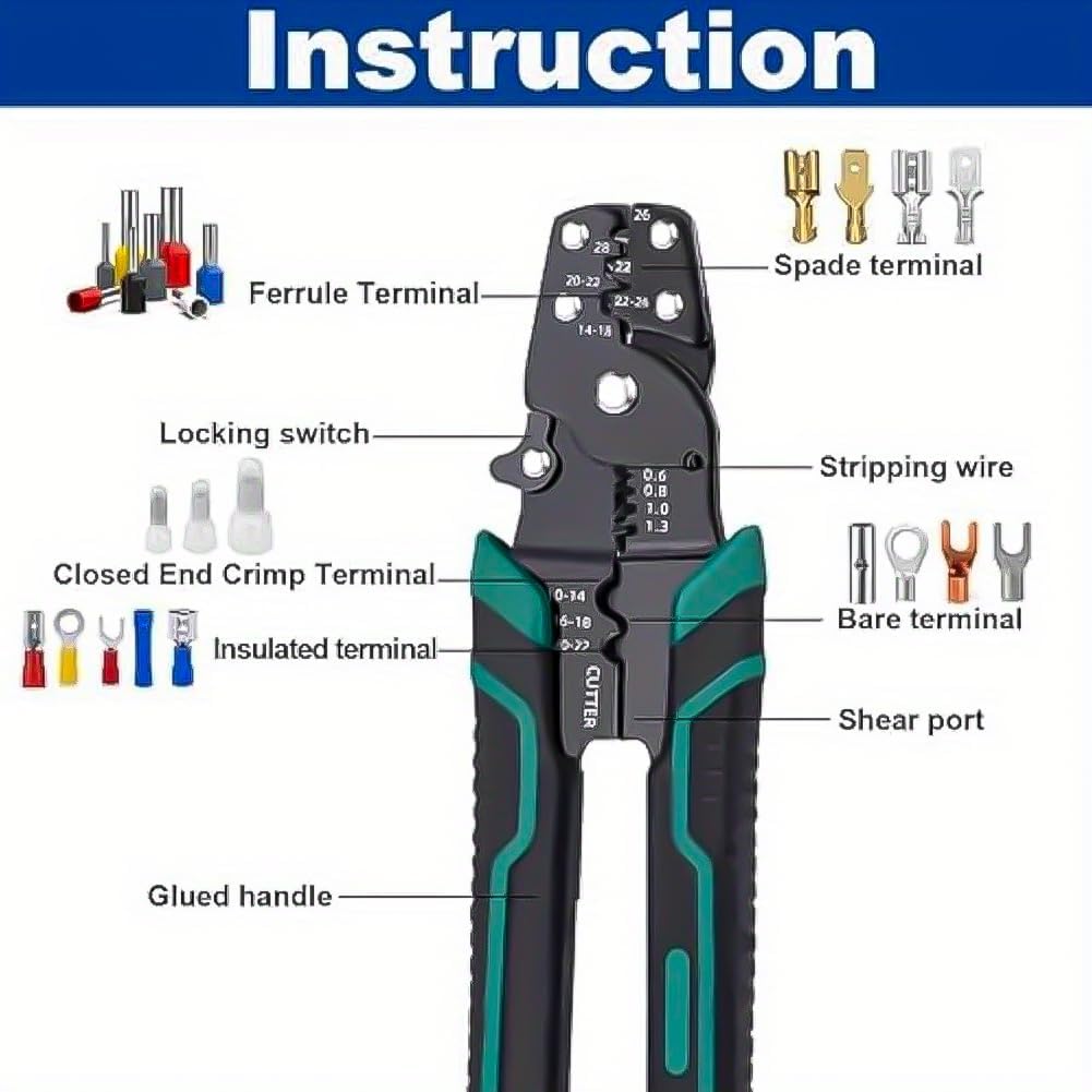 Wire Crimping Tool with Stripper Cutter,Multifunctional Stripping Crimping Pliers for Bare, Insulated, Heat Shrink Connectors(22-10 AWG)