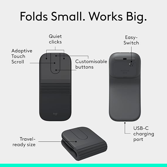 Logitech Keys-To-Go 2 and Mobi Fold, Slim Keyboard with Cover and Foldable Mouse, Light, Portable, Bluetooth, for Windows PC, Mac Android, Chromebook, iPad, UK QWERTY - Graphite