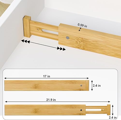Miniatura 7 de Ruichang Divisor de cajones de cocina de bambú, 4 unidades, 17-22 pulgadas, organizador de cajones ajustable para baño, dormitorio, natural, 2.4