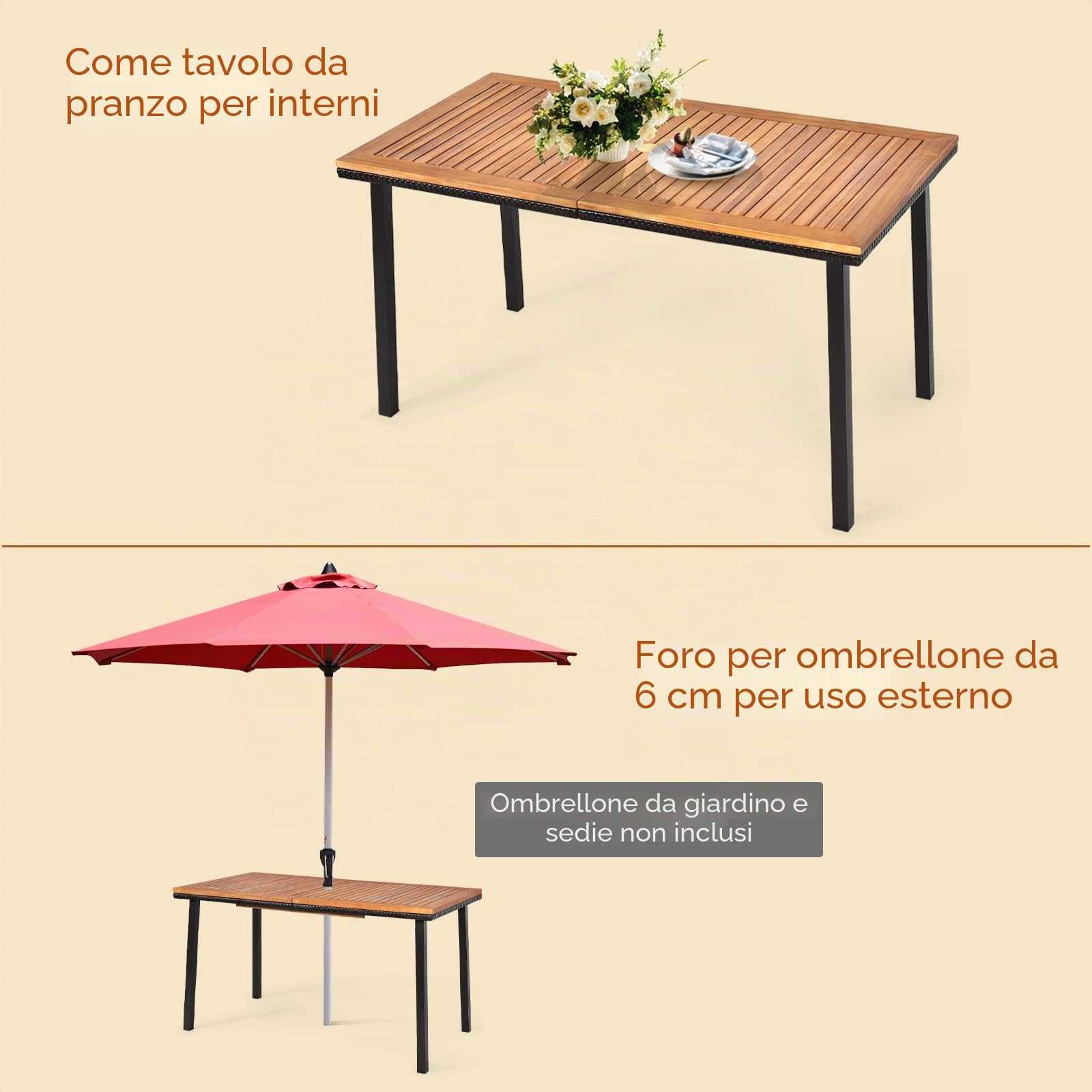 LIFEZEAL Tavolo da pranzo con foro per ombrellone, tavolo da giardino in legno di acacia con gambe in metallo, tavolo da pranzo per cucina, terrazza, giardino, 140 x 75 x 75,5 cm