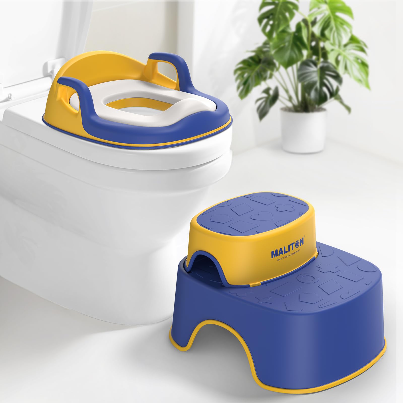 Rehausseur Toilette Enfant avec 2 Marches Pied Transportable, Reducteur Toilette de 1 à 8 Ans garçons et Filles, Coussin Anti-éclaboussures Reducteur de WC avec Marche Pied Bébé (Bleu-Jaune)