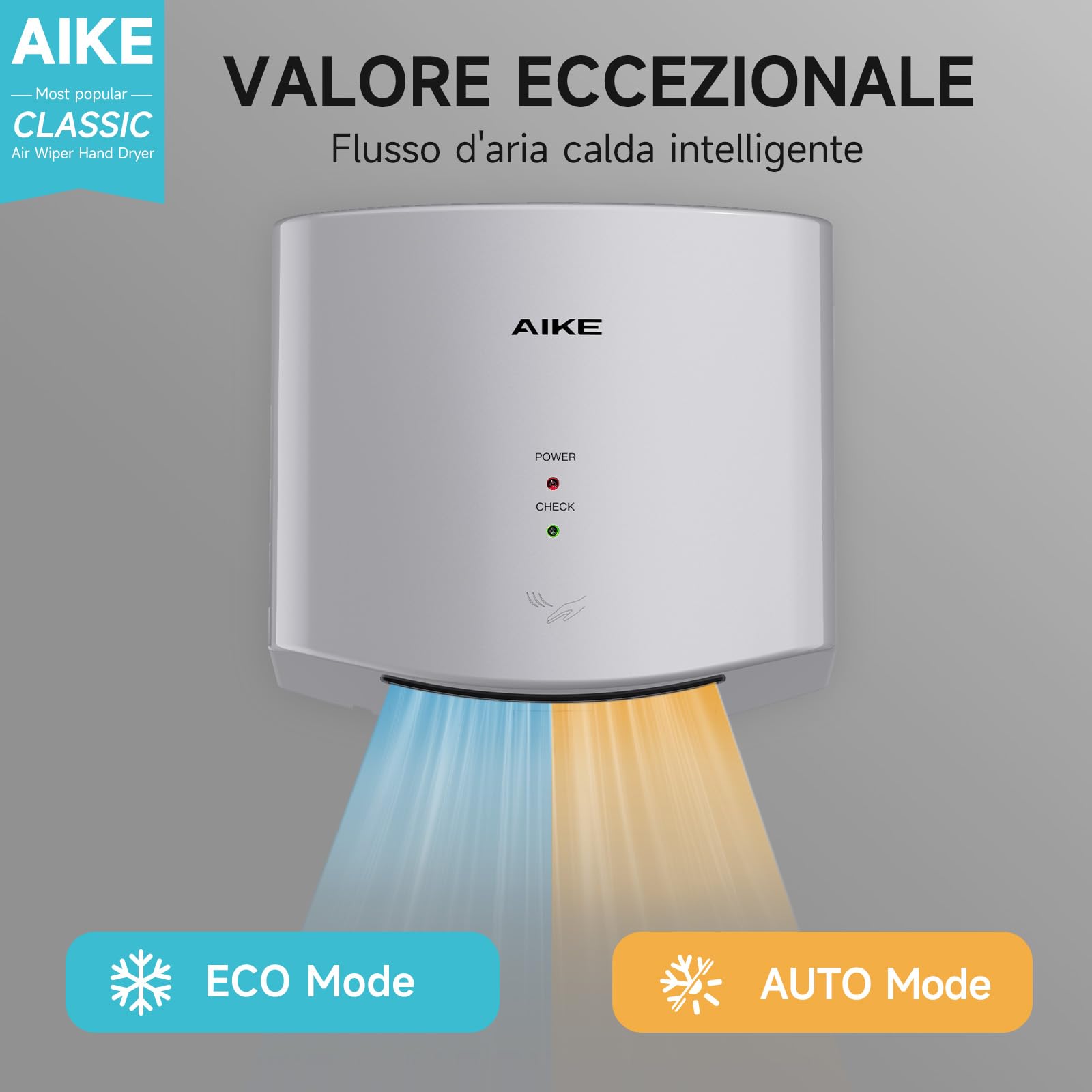 AIKE Air Wiper Asciugamani Compatto, Asciugatura ad Alta velocità, 1400W 220V, Collega e USA, Senza Carta e Senza Contatto per Bagni Pubblici, AK2630S (Argento)