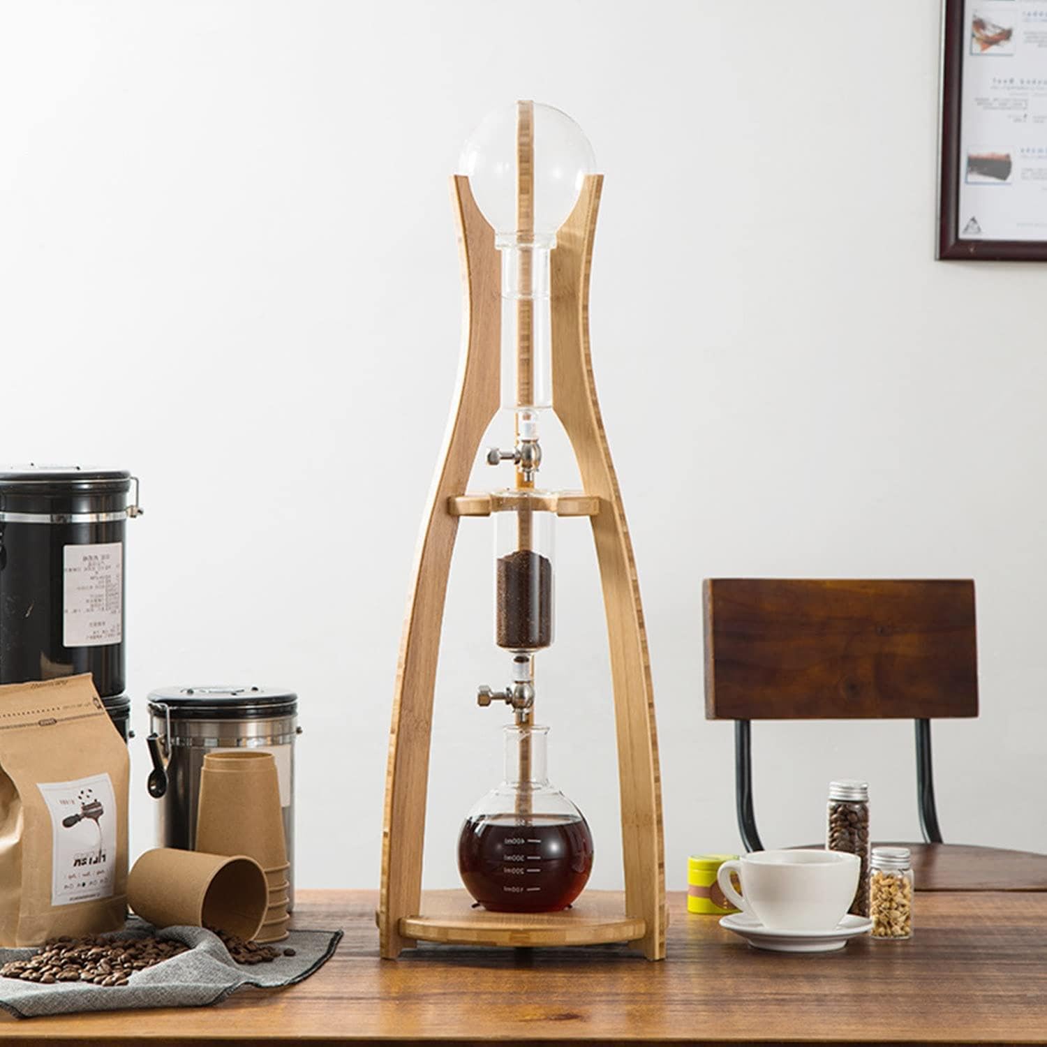 Cold Brew Drip Tower with Adjustable Water Flow,Cold Brew Drip Tower - Iced Coffee Maker with Slow Drip Technology, Wooden Design for Home & Office, Perfect Cold Brew Coffee Brewer, Easy to