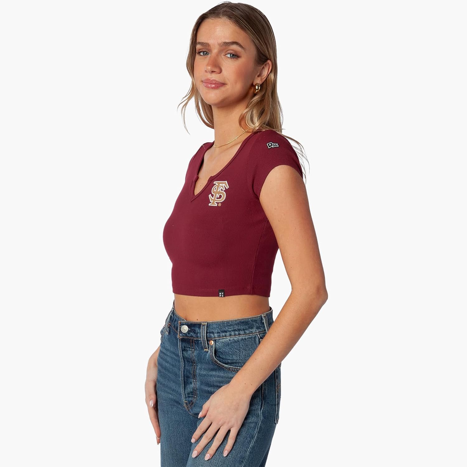 HYPE AND VICE Women's Cali Cropped Tee – University-Themed Collegiate Fitted Crop Top Baby Tee for Tailgate & Game Day