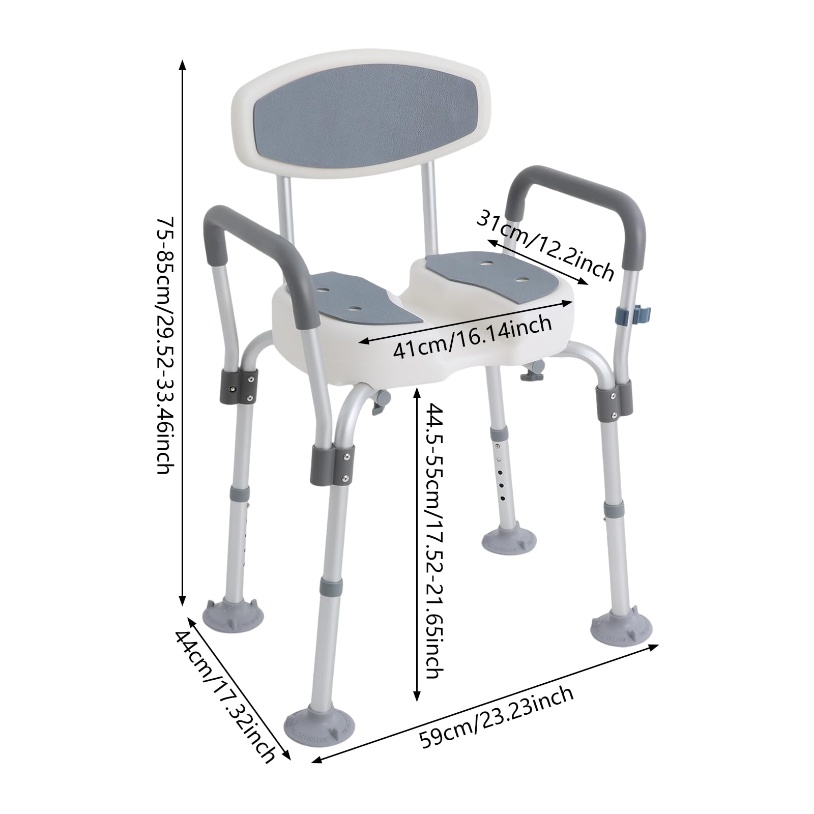 Silla de ducha para personas mayores y embarazadas, taburete de ducha con reposabrazos y respaldo, altura regulable, ayuda de ducha de aluminio, taburete de baño con ranuras y pies antideslizantes