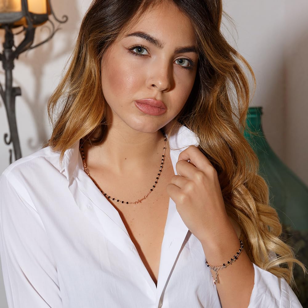 Linea Italia Gioielli - Collana Rosario Girocollo per Donna in Argento 925 Placcato Rosa con Perline Nere, Croce e Medaglietta Madonna - Linea Italia Gioielli Made In Italy