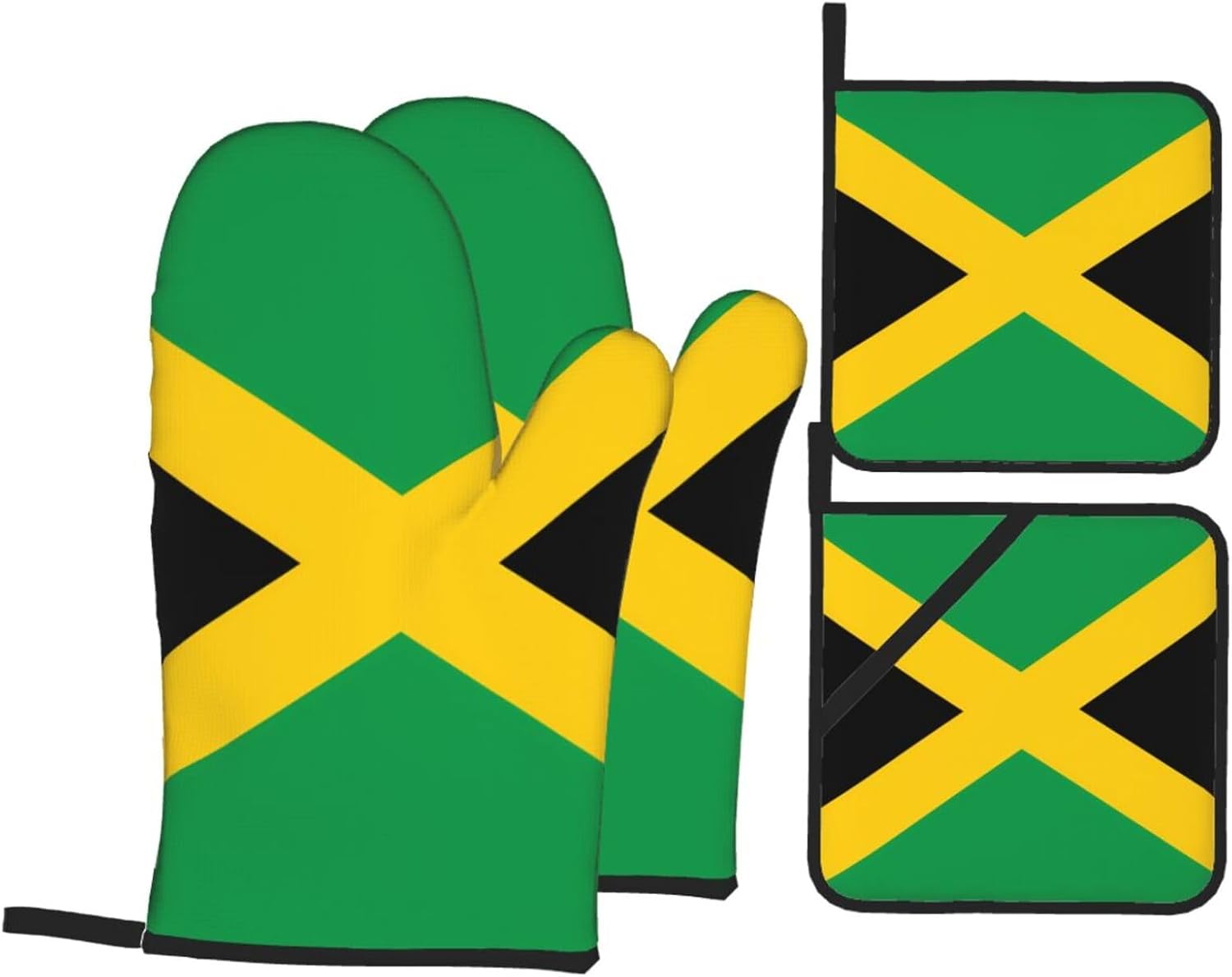 Flag of Jamaica Oven gloves and heat-resistant mat 4-piece set. Suitable for grilling, microwave oven frying, and baking