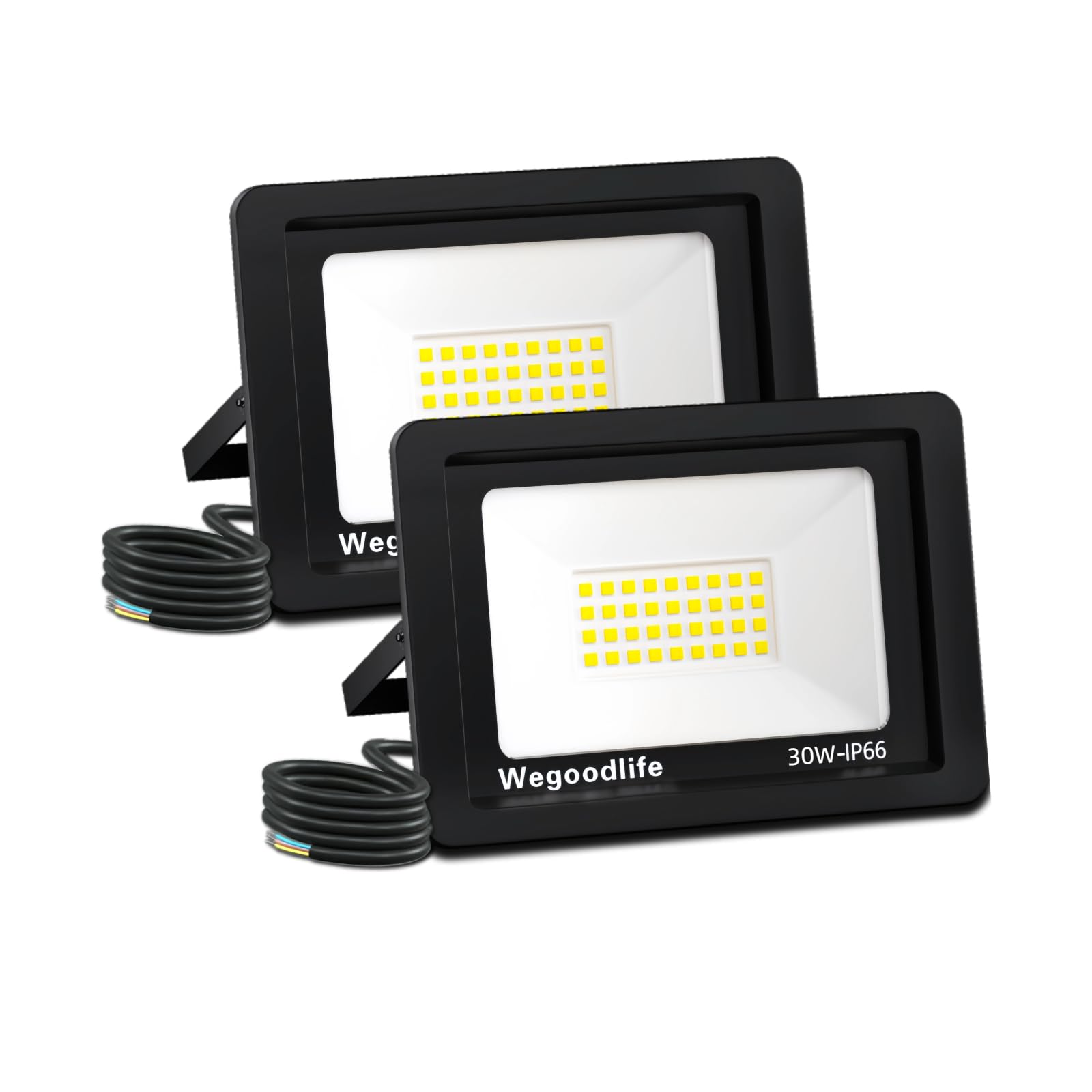 Wegoodlife 2 Pack 30W LED Floodlight Outdoor, Super Bright 730LM Security Lights, 3000K Warm White Outdoor Wall Light, IP66 Waterproof, Adjustable 180° Bracket, Flood Light for Garden, Garage, Yard