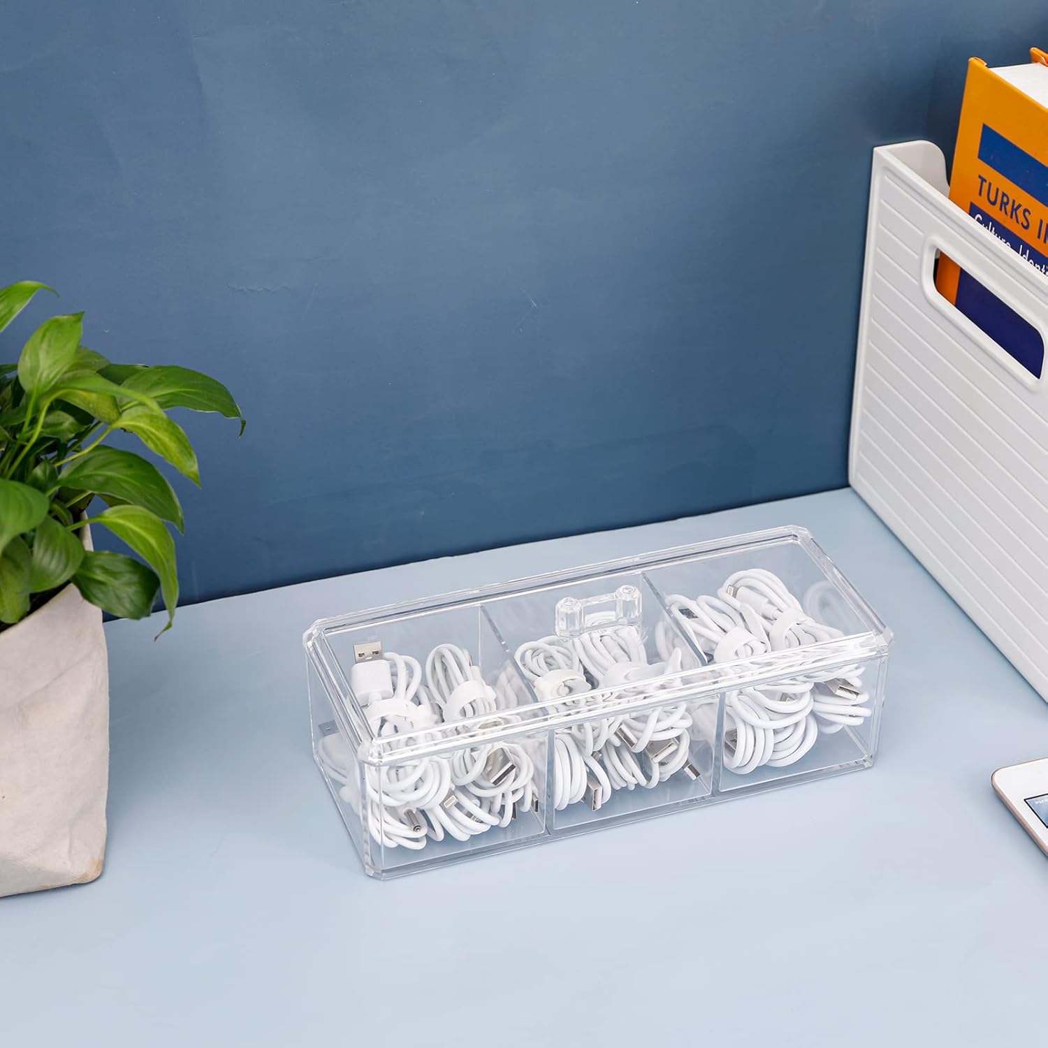 Yesesion Plastic Cable Management Boxes Set with Lid and 20 Wire Ties, Clear Power Cord Case with 3 Compartments, Electronics Organizer Desk Drawer Accessories Storage for Office Supply (2 PACK) image 6 of 8 B09G2XM5SJ