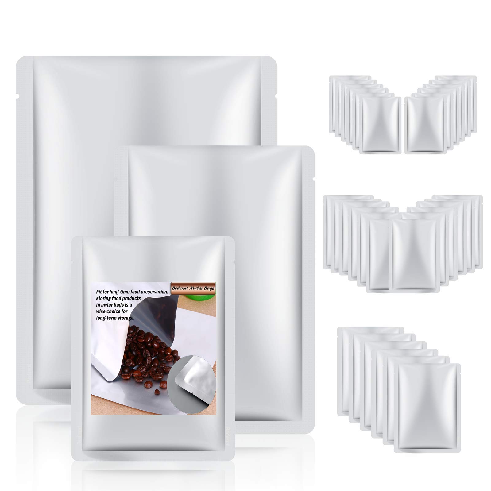 Bedexut 30 Pieces 3 Sizes Mylar Bags for Long Term Food Storage,4.5 Mil Thick; Mylar Aluminum Foil Flat Heat Sealing Bags with Rounded Corners,Keep Fresh Vacuum Sealer Pouch for Food Coffee Tea Beans