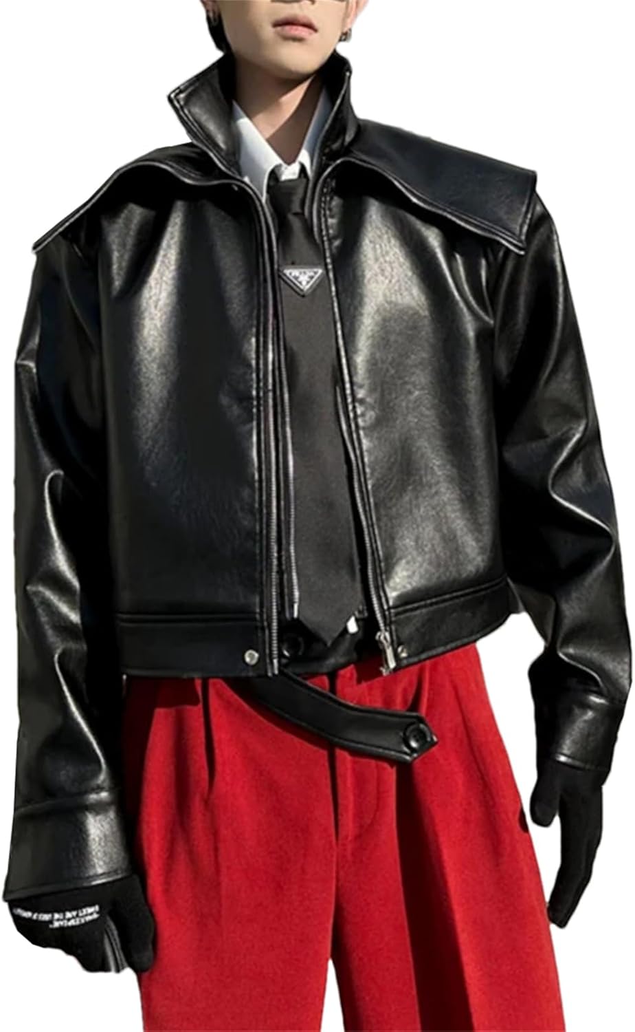 Men’s Oversized Faux Leather Jacket Short Biker Coat Zipper Closure Casual Streetwear for Spring
