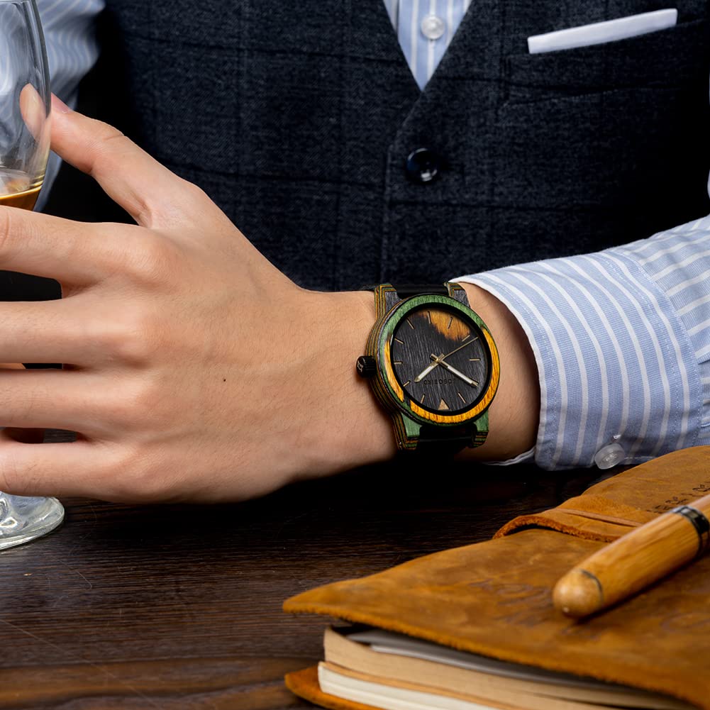 2win Relojes de madera coloridos para hombre, hechos a mano, de cuarzo, único, reloj de pulsera de aniversario, para hombres y mujeres, Correa de madera