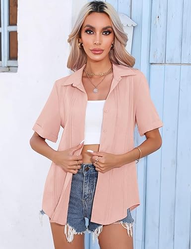 Miniatura 3 de VVK Camisas de lino y algodón de manga corta para mujer, estilo casual, cuello en V, plisadas, blusas casuales