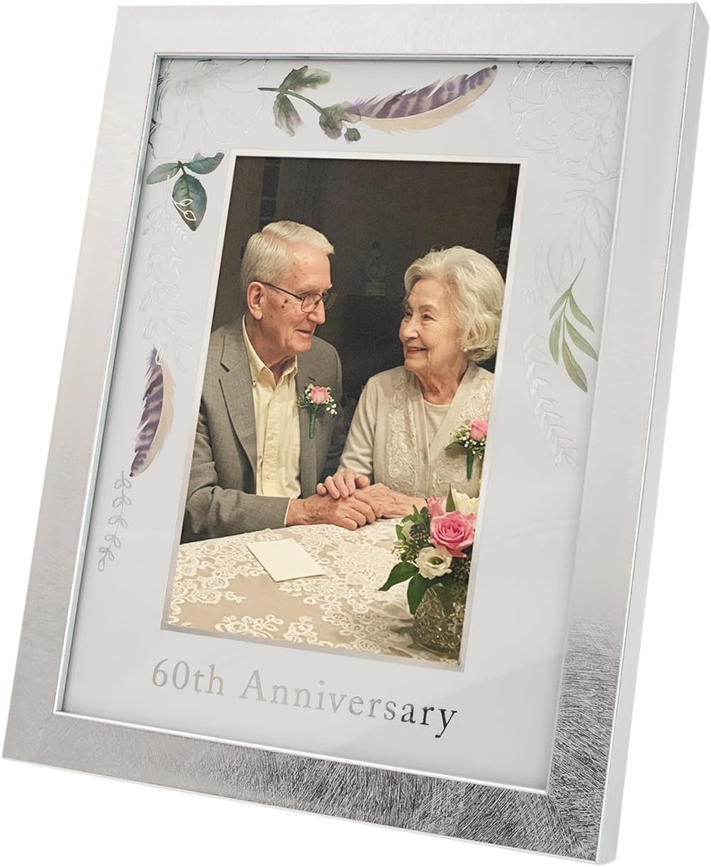 Happy Homewares Modern 60th Diamond Anniversary 4x6 Picture Frame in Brushed Silver with Floral Decor | Silver Foil Print | for Table or Wall Hanging