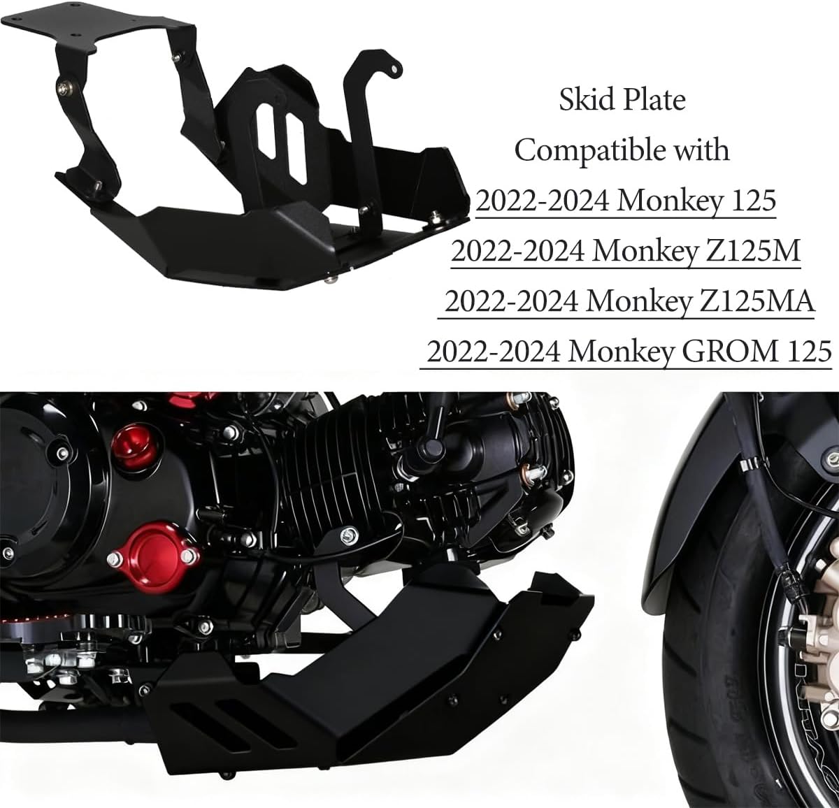 Monkey 125 JB03 JB05 Grom 125 JC92 Skid Plate Compatible with 2022-2024 Monkey 125 / Z125M / Z125MA / GROM 125 Engine Guard Thickness Enhancement with Engine Heat Dissipation Holes (Blcak)