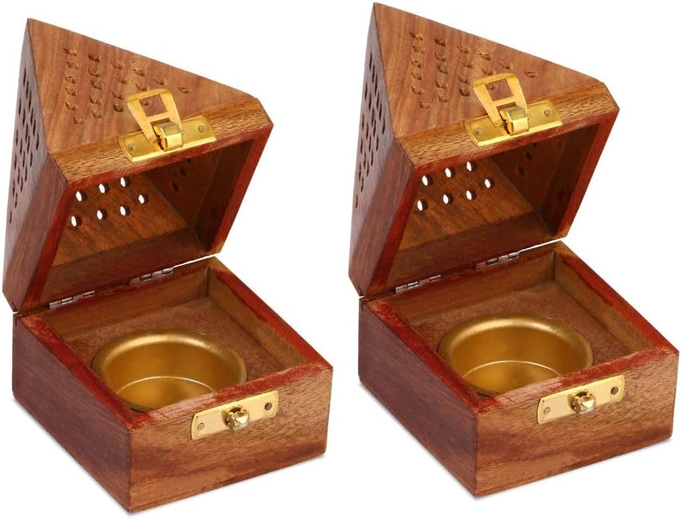 Wooden Dhoop Stand Set of 2 - Sheesham Wood Sambrani Holder for Pooja Room, Meditation & Spiritual Decor
