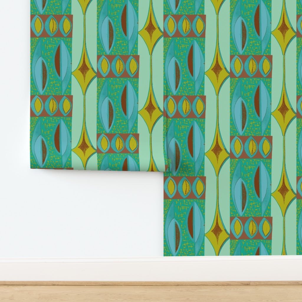 Removable Wallpaper 6ft x 2ft - Blue Brown Retro Mid Century Modern Tiki Mod Atomic Custom Pre-Pasted Wallpaper by Spoonflower