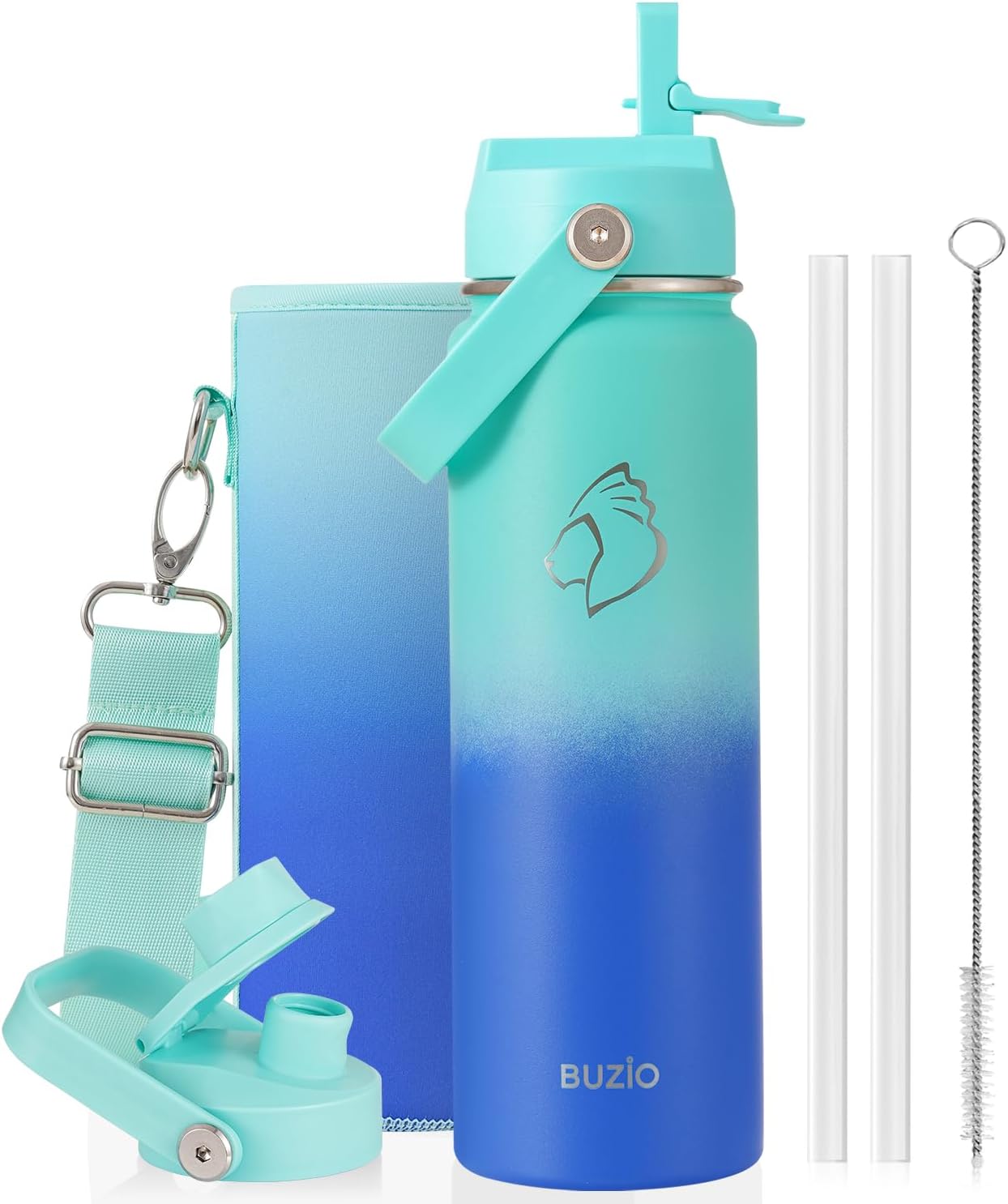 BUZIO 24 oz Insulated Stainless Steel Water Bottle with Straw & Spout Lids