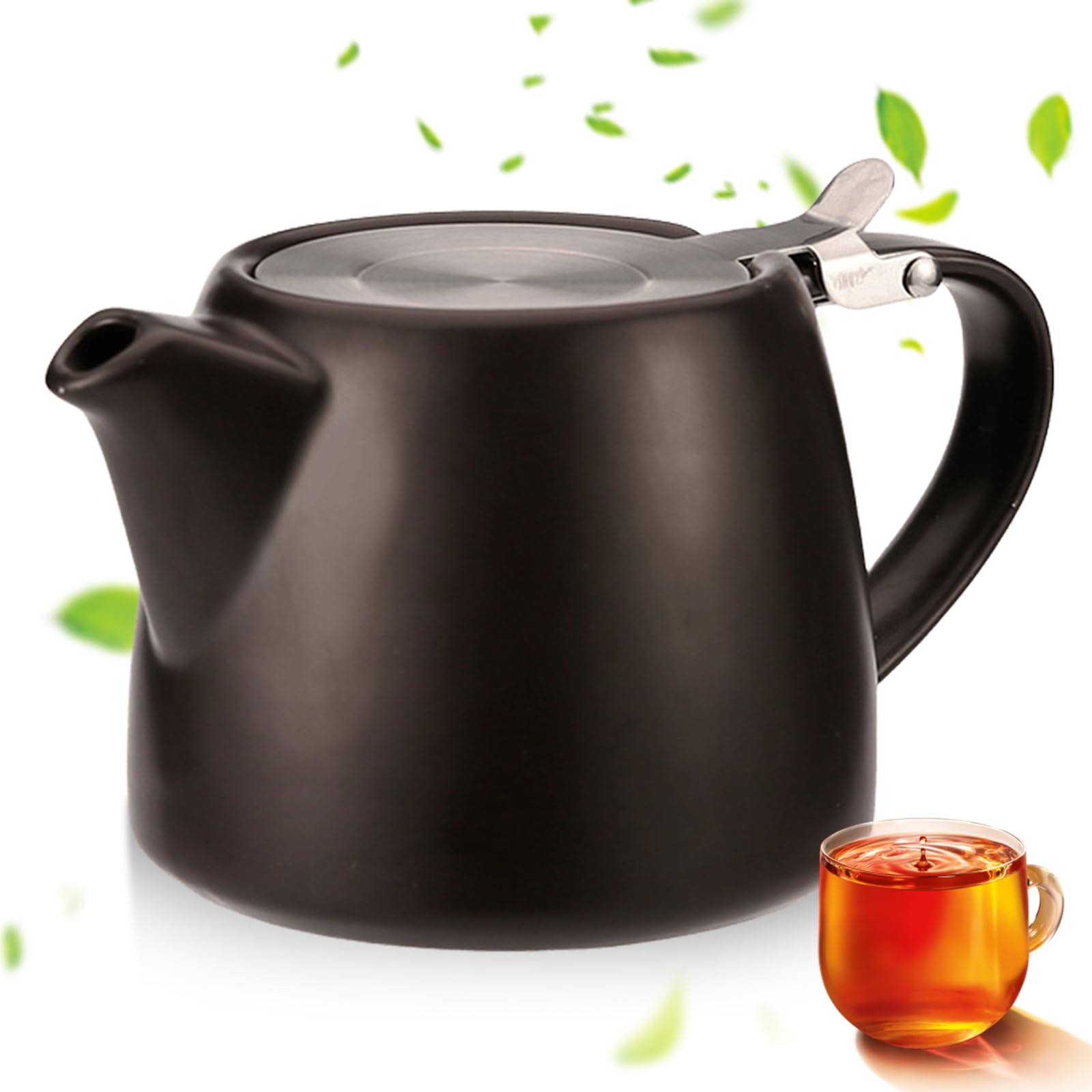 Tetera con colador, 500 ml, tetera de cerámica negra, olla de té de porcelana, accesorios para té suelto, aislada y sin goteo, calor duradero