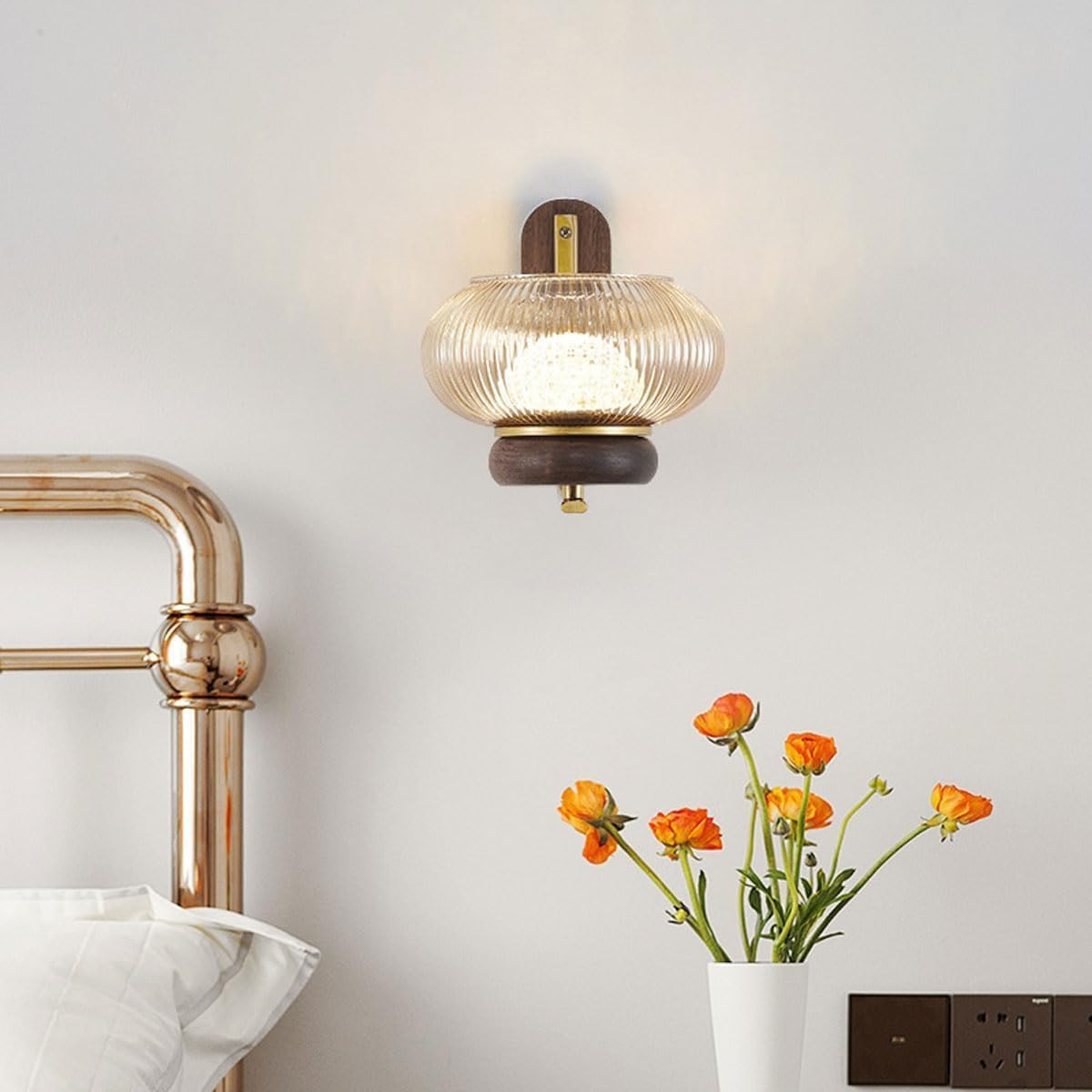 Modern Walnut Texture Striped Glass Wall Lamp Nordic Wall Sconce for Bedroom Bedside Sturdy Glass Lighting Geometric Iron Wall Mounted Lamp Living Room Decor Sconces Indoor Wall Lamp
