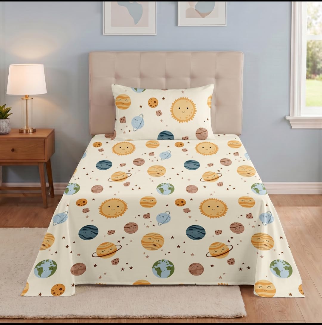TURIYA 144 TC Set of 1 Pc Cartoon Printed Single Microfiber Bedsheet with 1 Pc Pillow Cover; 60x90 inches; Planets-image-32