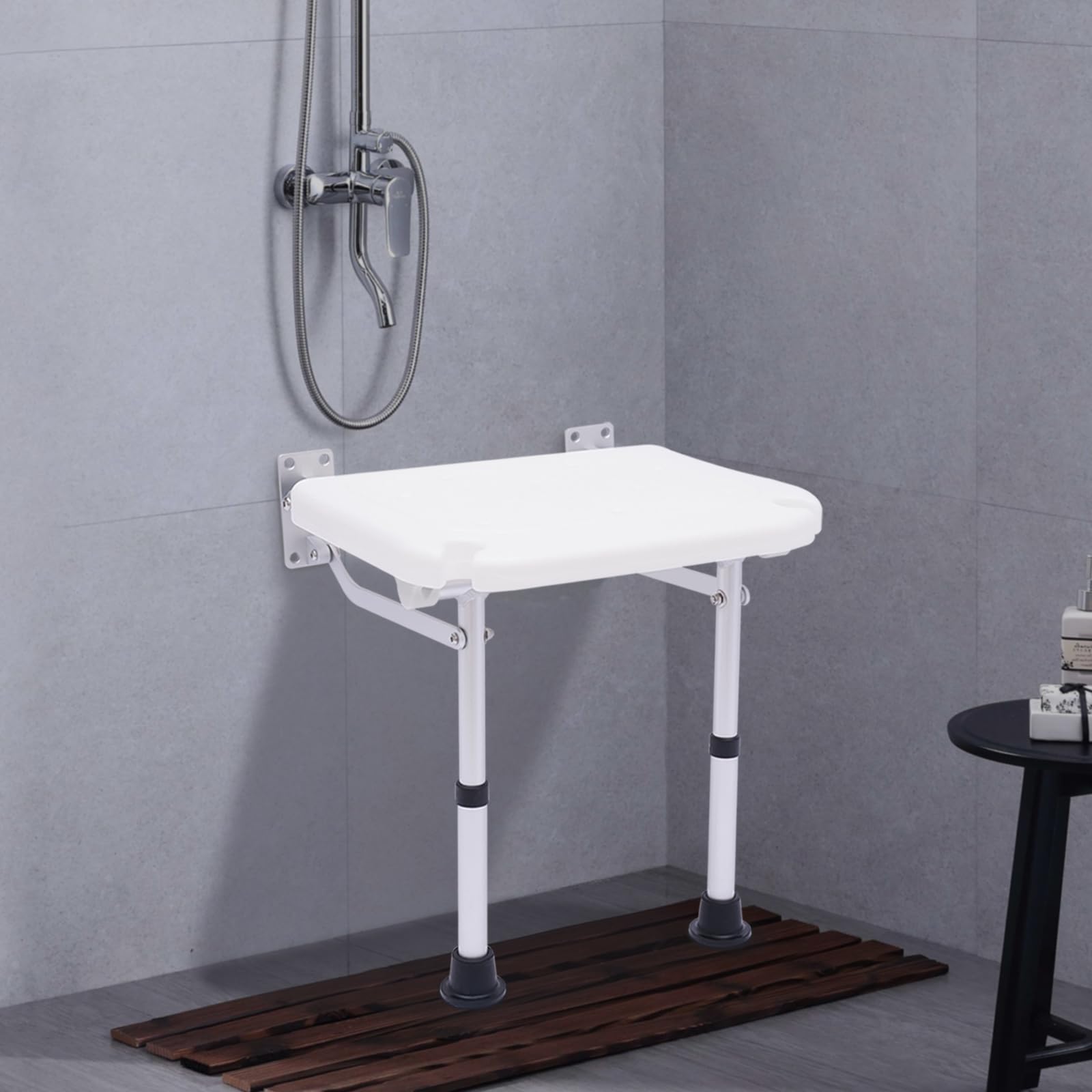 Sgabello da doccia regolabile in altezza (42-53 cm), stabile, pieghevole, montaggio a parete, con piedini di supporto, sedia pieghevole per doccia