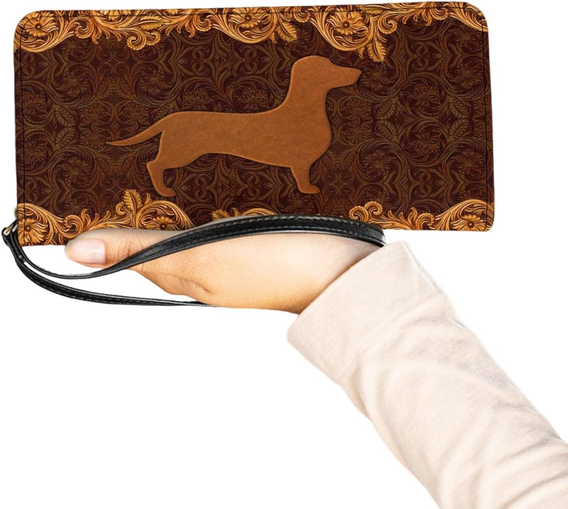 Personalized Dachshund Women Leather Wallet, Custom Name Cute Wiener Dog RFID Blocking Zip Wallet, Boho Card Holder Long Ladies Clutch Purse Wristlet, Vintage Gift for Dachshund Mom Dachshund Lover (Dachshund 3)