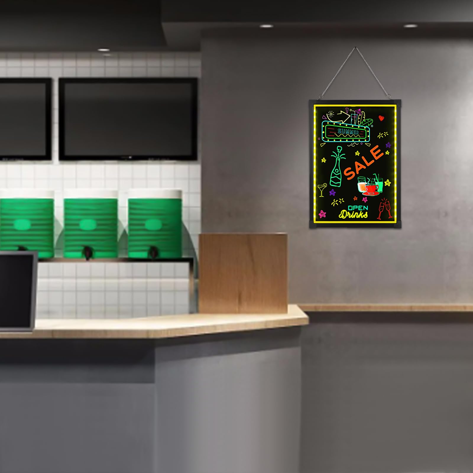 Schwarz LED Schreibtafel Buntes LCD Schreibtablett Leuchttafel DIY Leuchtende Werbetafel mit 7 Farbvariationen 18 Lichteffekten LCD Writing Tablet für Dekoration Werbetafeln 50 * 70CM