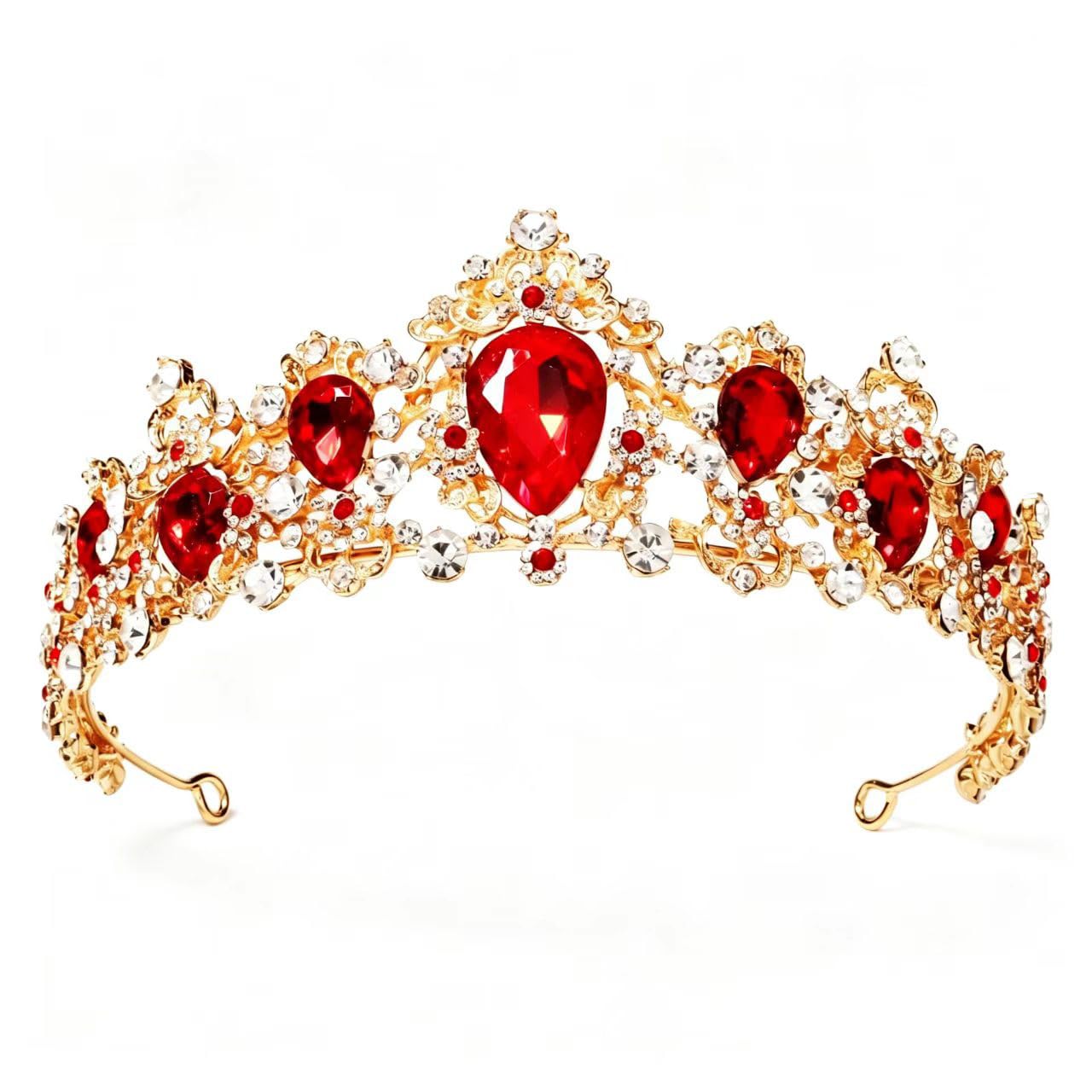Caelumdecor Women's Red New Crown Tiara Rhinestone Hair Accessories Antique Bridal Headpiece