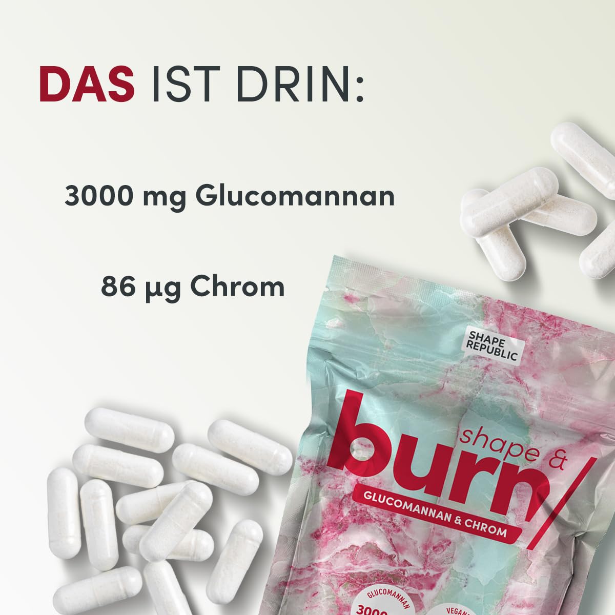 SHAPE REPUBLIC - Appetitzügler 180 Kapseln - Stoffwechsel Komplex mit Glucomannan aus der Konjakwurzel & Chrom - 3000 mg pro Tagesdosis
