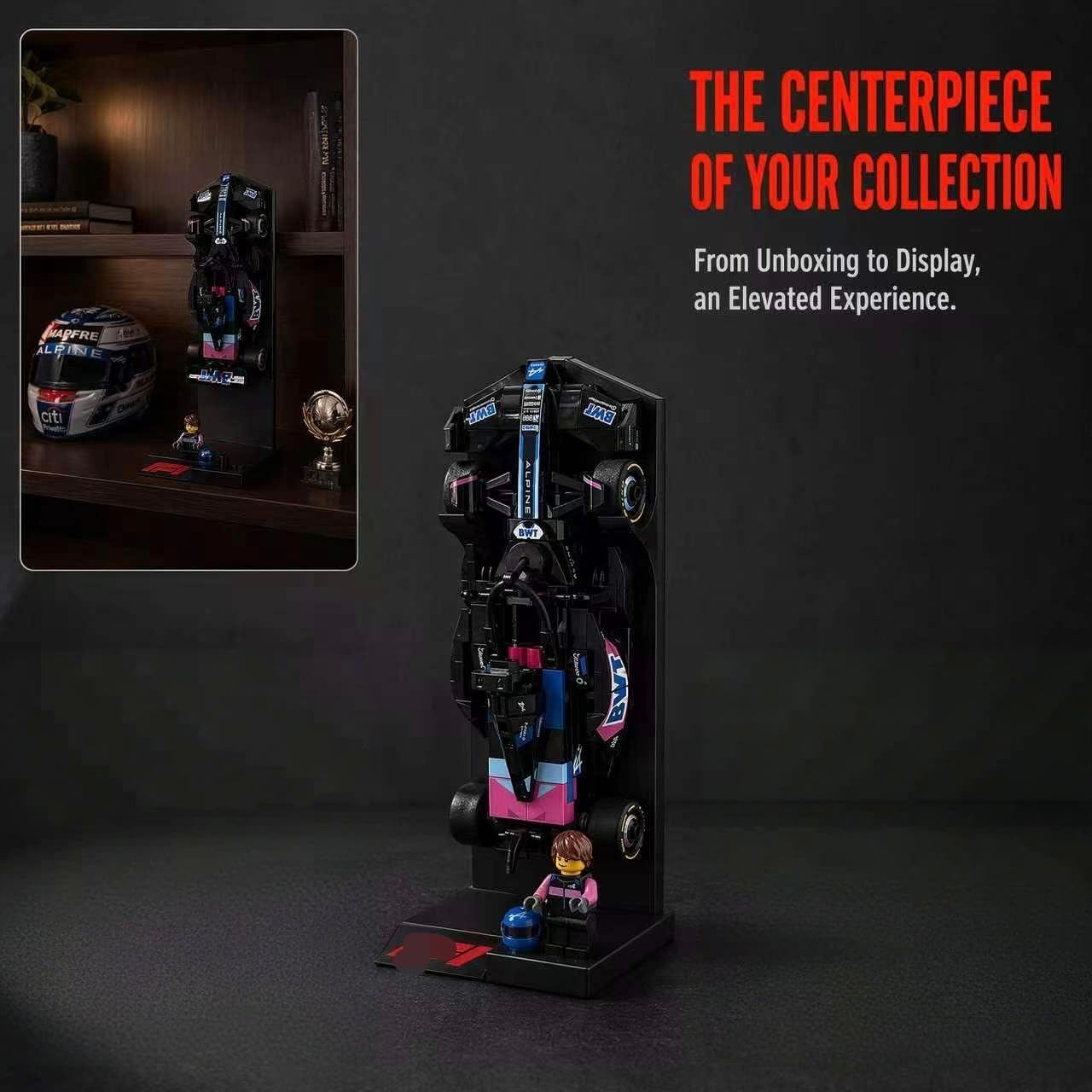 Vertical Desktop Display Stand for Formula-Style Racing Car Model, with Minifigure & Helmet Holder, Compatible with Speed Series Race Car Kits