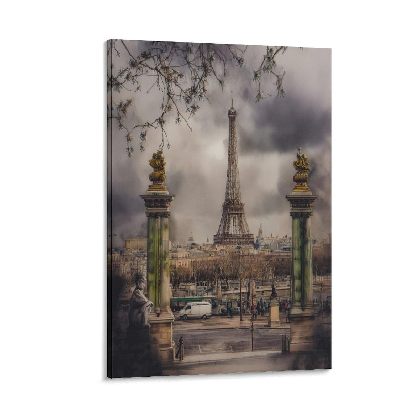 Cnaheiz Frame-Style Eiffel Tower Paris 16X24inch(40X60cm) Vintage Travel Poster Watercolor Canvas Art