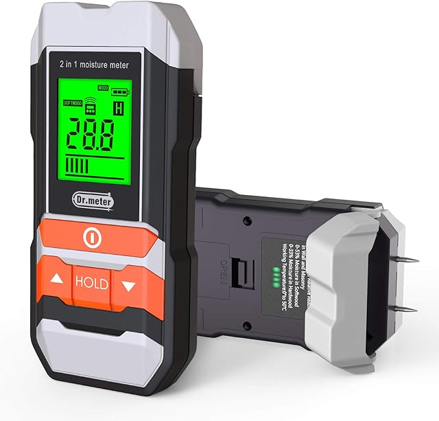 [Upgrade] Wood Moisture Meter, Dr.meter 2 in 1 Pin & Pinless Multifunctional Firewood/Wall/Building/Furniture Humidity Water Detector, Pin-Type & Scanner Wood Moisture Tester