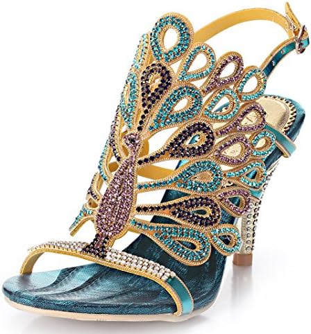 Honeystore Women's Peacock Shaped Pattern Handmade Rhinestone Sandals Blue 6.5 B(M) US