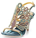 Honeystore Women's Peacock Shaped Pattern Handmade Rhinestone Sandals Blue 9 B(M) US