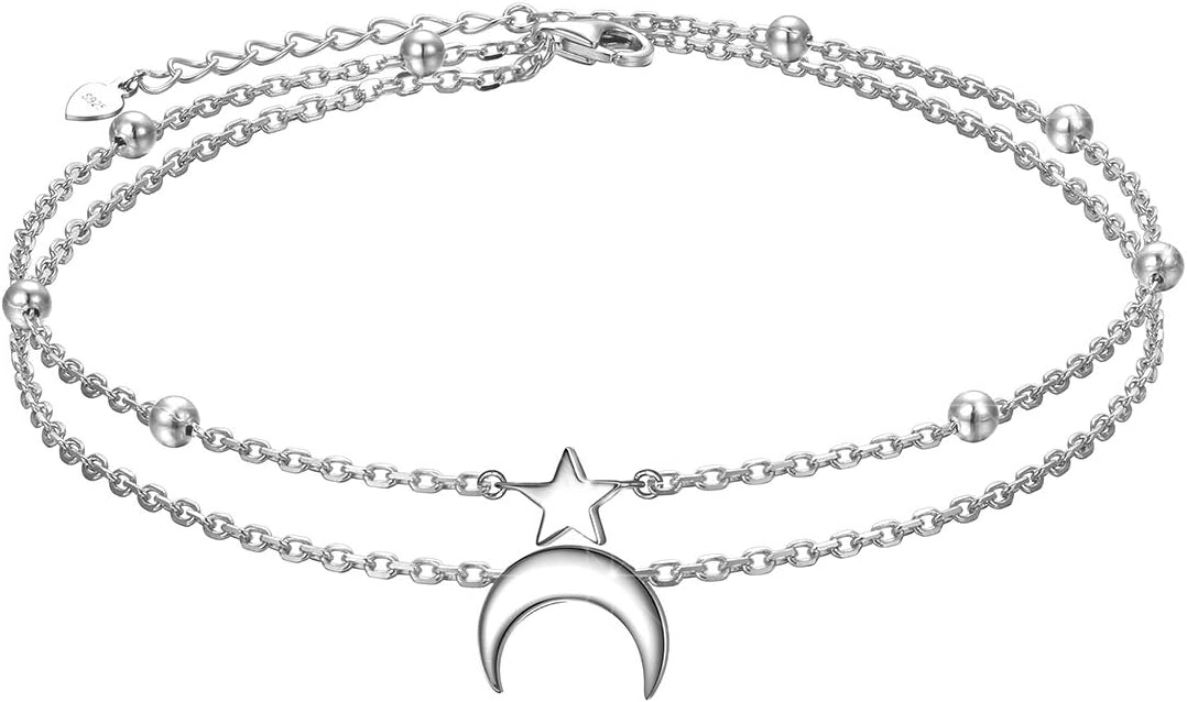 FLYOW Sun/Star and Moon Layered Anklet 925 Sterling Silver for Women Adjustable Beads Ankle Bracelet Boho Beach Foot Chain Charm Jewelry Christmas Birthday Gifts
