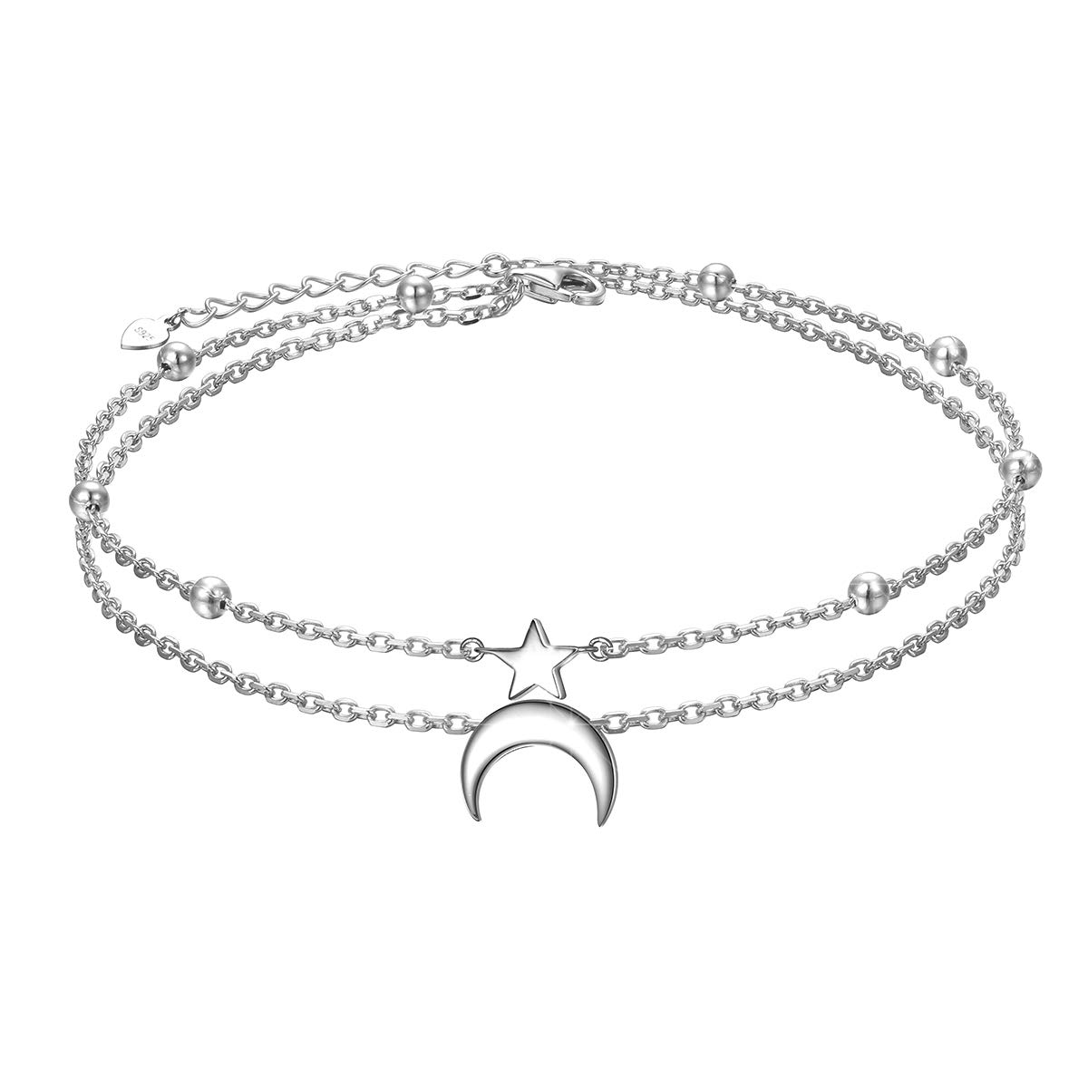 Cavigliera da donna in argento Sterling, girasole, tartarughe, ancora e luna, spiaggia, doppio strato con perle, regalo boho regolabile per ragazze, 9+1 inch, Argento sterling