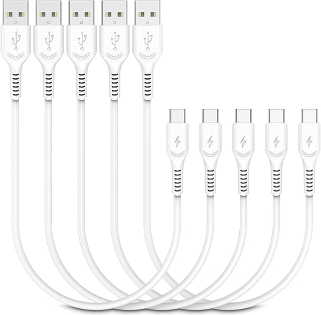 0.3m Short USB C Cable [5Pack], PEAKLIFT 30cm USB Type C Fast Charger Cable Small USB A to USB C Lead Compatible with Samsung Galaxy A22 A13 A53 A32 S20 S21, Xiaomi 11 10 Pro, Huawei, Pixel6 (White)