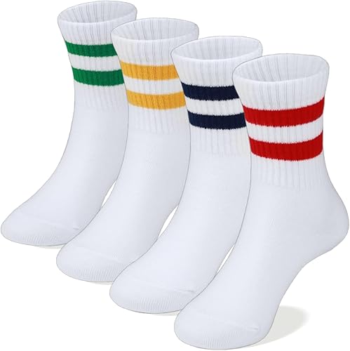 COTTON DAY Calcetines deportivos unisex para niños y niñas, algodón suave, negro, blanco, gris, azul marino, caqui, con rayas retro