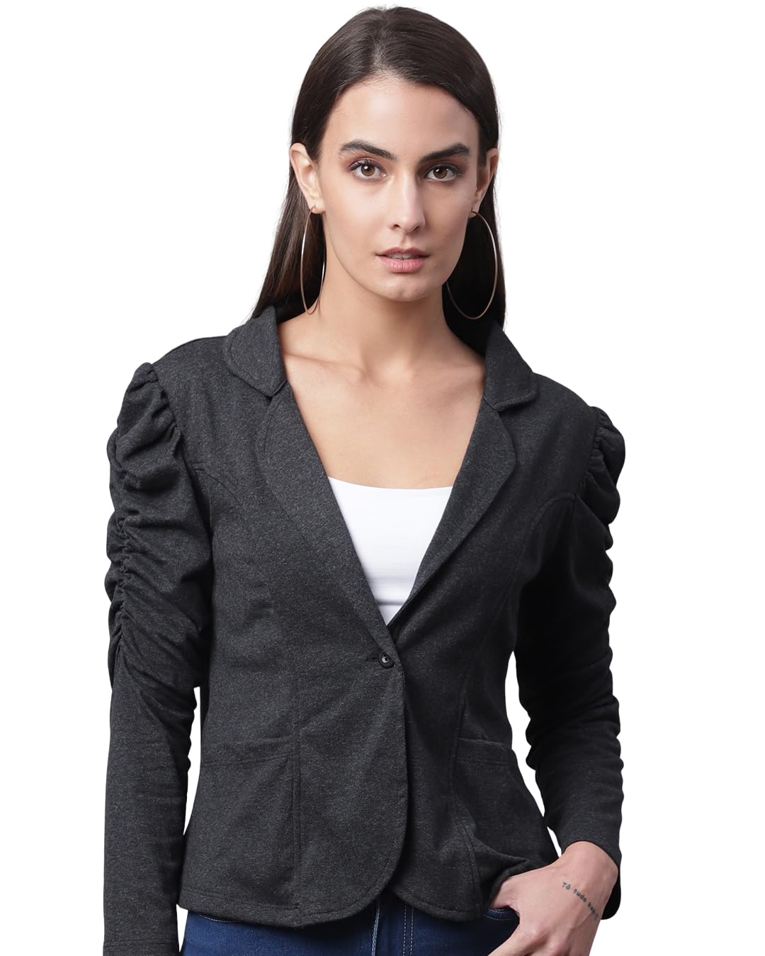 Women's Charcoal Grey Fitted Blazer with Puffed Sleeves, Lapel Collar, Stretchable Fabric, Office and Casual Wear (IN, Alpha, S, Regular)-image-0
