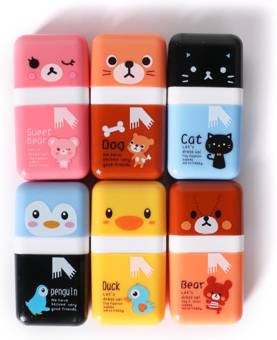6 Pack of Pencil Erasers, Cartoon Animal Themed Roller Erasers with Roller and Cover for School Office and Home
