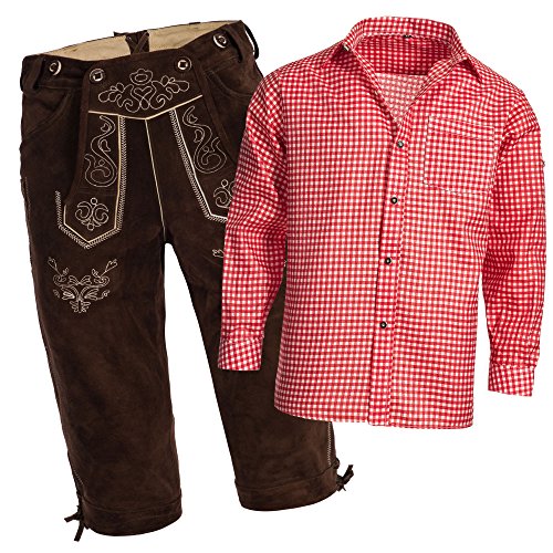 Gaudi-Leathers, Homme Set Pantalon en Cuir Traditionnel Kniebund Brun foncé 56 + Bretelles + Chemise Traditionnelle en Rouge Blanc à Damier XL