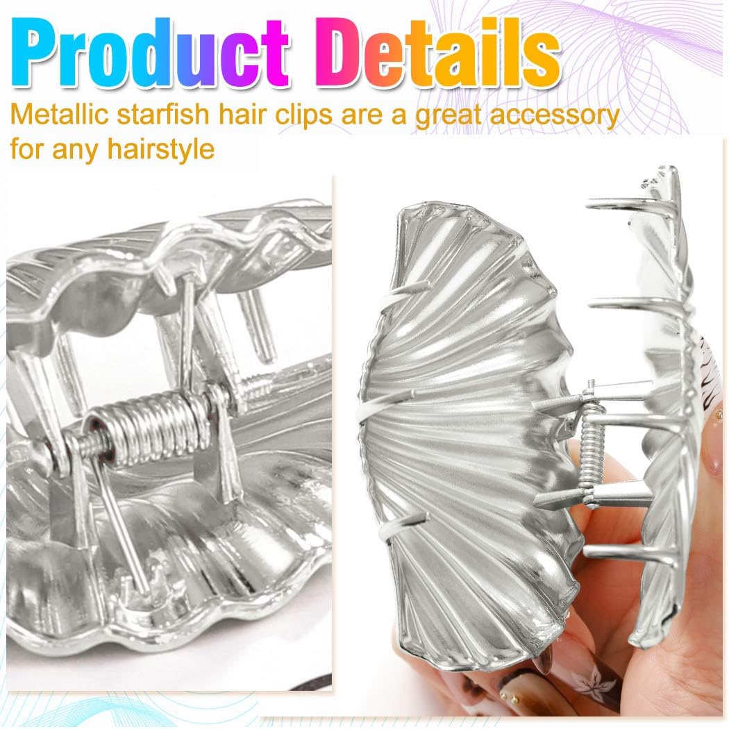 CAKURE Shell Claw Clips Silver Hair Clips Large Claw Clips Beach Hair Accessories for Women (Pack of 2) (b-silver)
