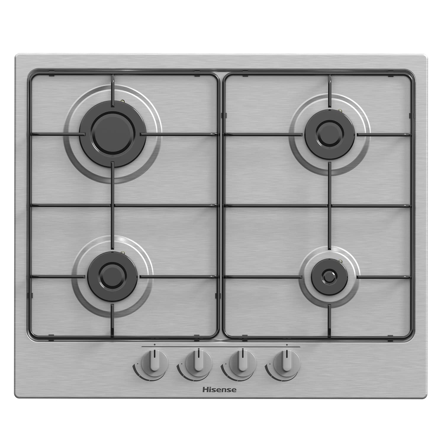 Hisense Gm642Xf Piano Cottura A Gas con 4 Zone Di Cottura, Larghezza 60 Cm, Griglie Smaltate, Accensione Integrata Nella Manopola, Finitura Inox Anti Impronta, Argento, 51 x 61 x 9 cm