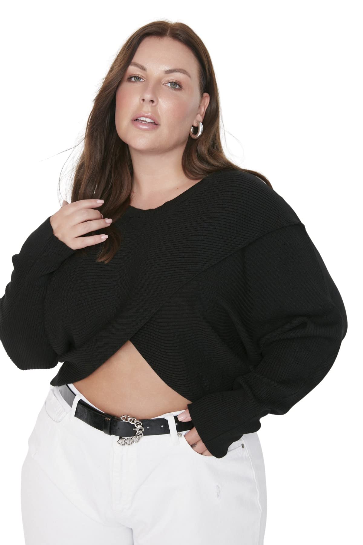 Trendyol Women's V-Neck Plain Regular Plus Size Sweater Sweatshirt, Black, 3XL