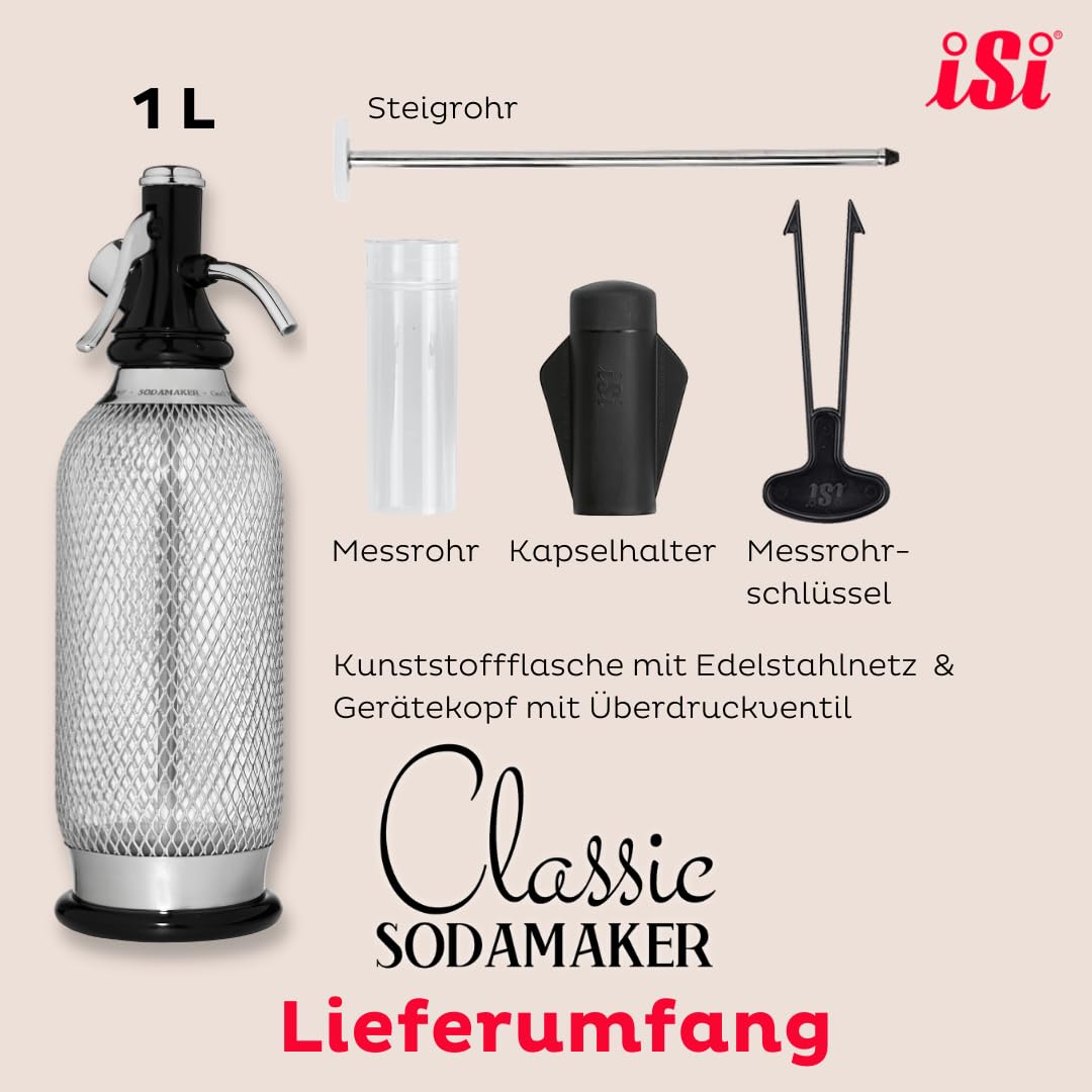 iSi 1060 Sodamaker Classic, 1,0 L, Wassersprudler für Sprudelwasser, Sprudler mit PEN-Flasche aus Edelstahlgewebe, Kohlensäure für Wasser, Sodabereiter, Barzubehör im Vintage-Look 106001 Edelstahl