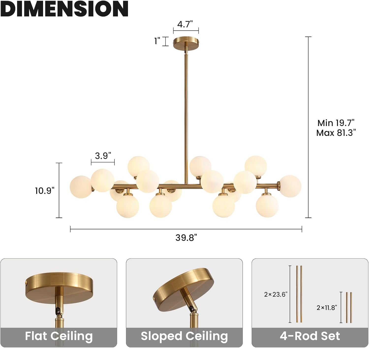 CROSSIO Mid Century Modern Gold Chandelier Rectangle Pendant Fixtures Linear Sputnik Chandeliers for Kitchen Island Dining Room Over Table
