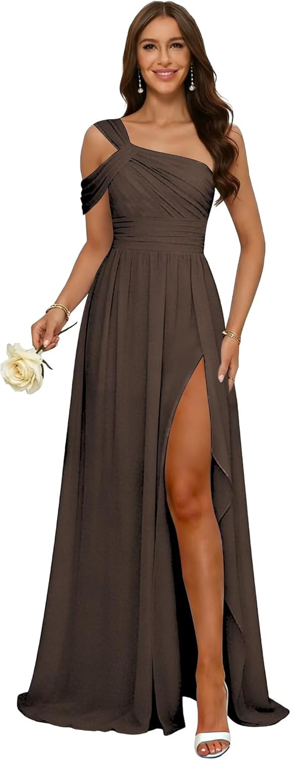 ForElise One Shoulder Chiffon Bridesmaid Dresses for Women Ruffles A Line Long Formal Dress with Slit Pleated Prom Gowns